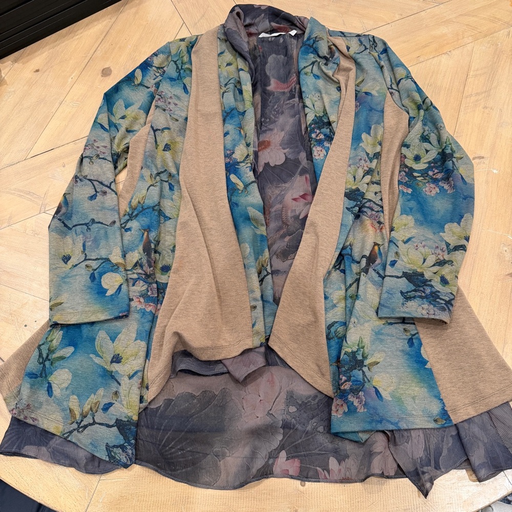 Soft Surroundings Blue and Tan Floral Open Front Cardigan
